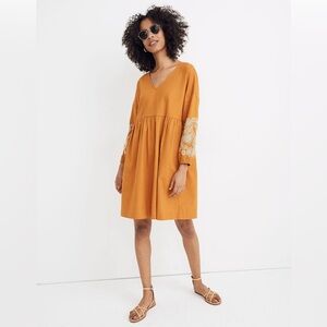 Madewell Linen Cotton Embroidered Sleeve Dress NWT Yellow Gold